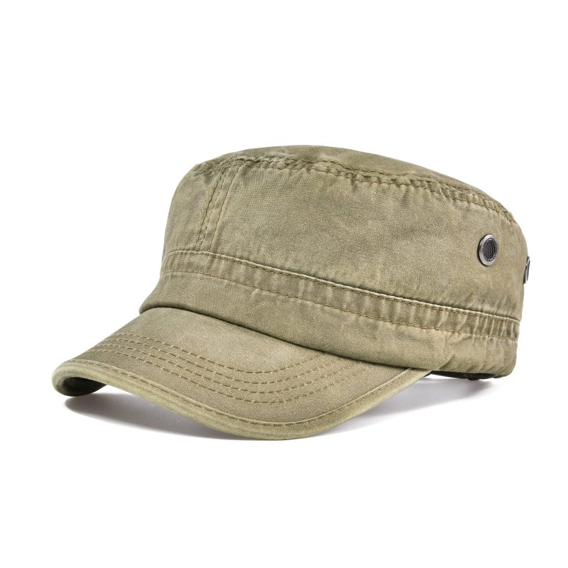 VOBOOM Washed Cotton Military Cadet Army Caps Unique Design Vintage Flat Top Hat (Khaki) - Image 1